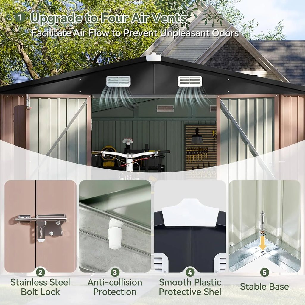 Aoxun 12x10 FT Shed Metal Outdoor Waterproof Storage Shed Steel Utility Garden Tool Shed with Door & Lock Outdoor Storage for Garden Patio Lawn Poolside, Brown