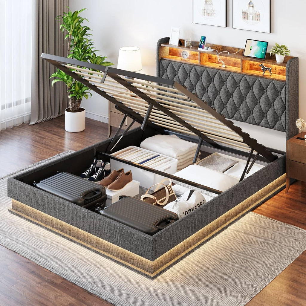 Queen Bed Frame with Storage Lift Up Queen Size Bed Frame Headboard Upholstered Platform Bed
