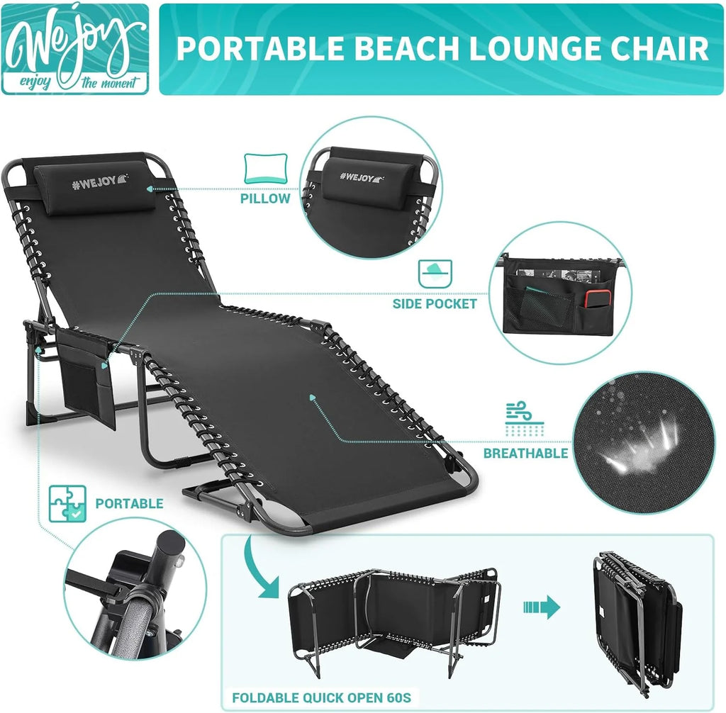 2 Pack Outdoor Chaise Lounge Chair - Portable Folding Patio Pool Lounge Chair, 5 Positions Adjustable Reclining Camping Chair with Side Table,Shoulder Strap, Pillow for Beach Sunbathing Lawn