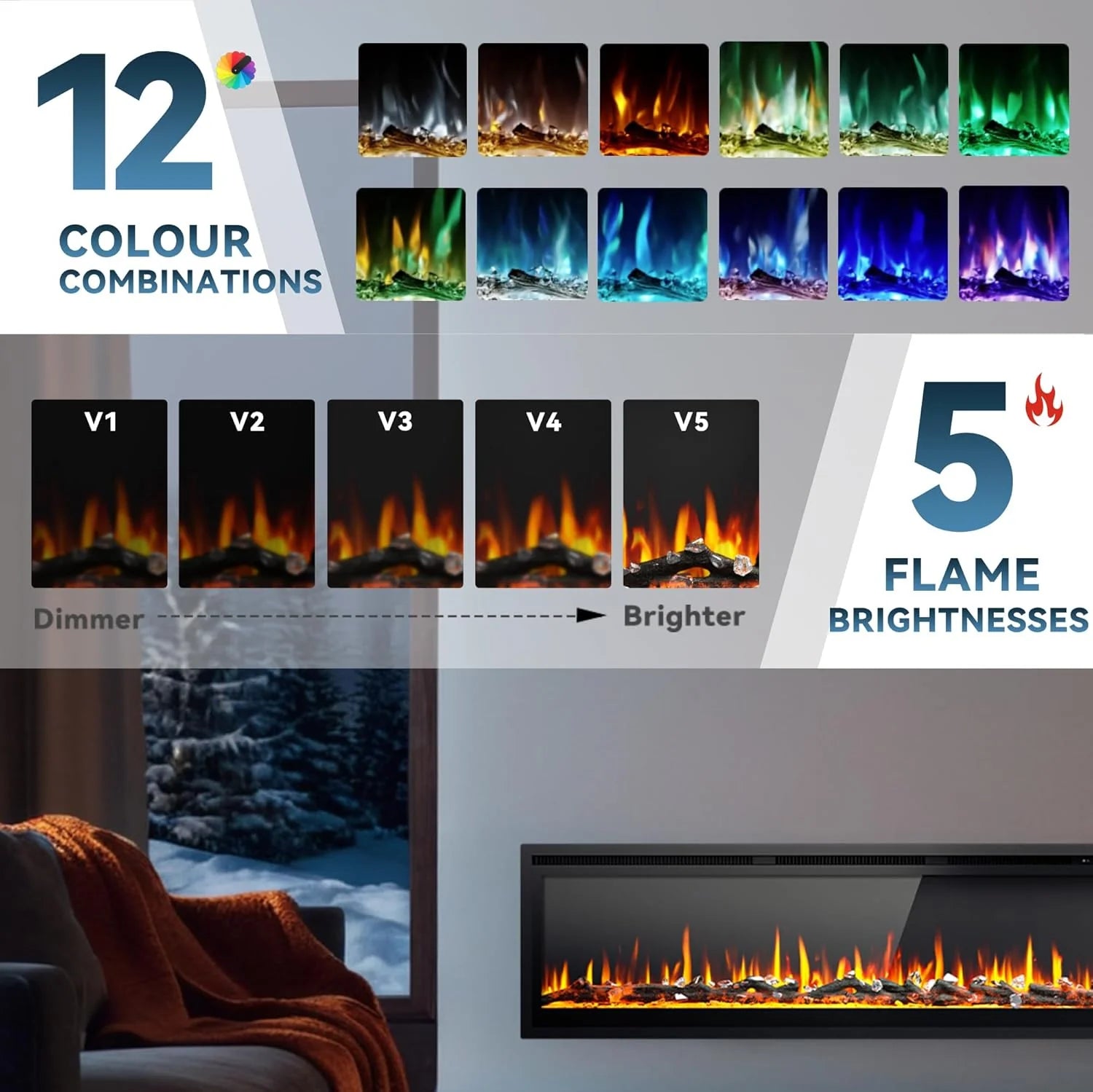 EUHOMY 50 Inch Electric Fireplace Wall Recessed and Wall Mounted with Adjustable Flame Color, Fireplace Heater with Remote Control, Linear Fireplace with Timer, Touch Screen, Log & Crystal, 750/1500W
