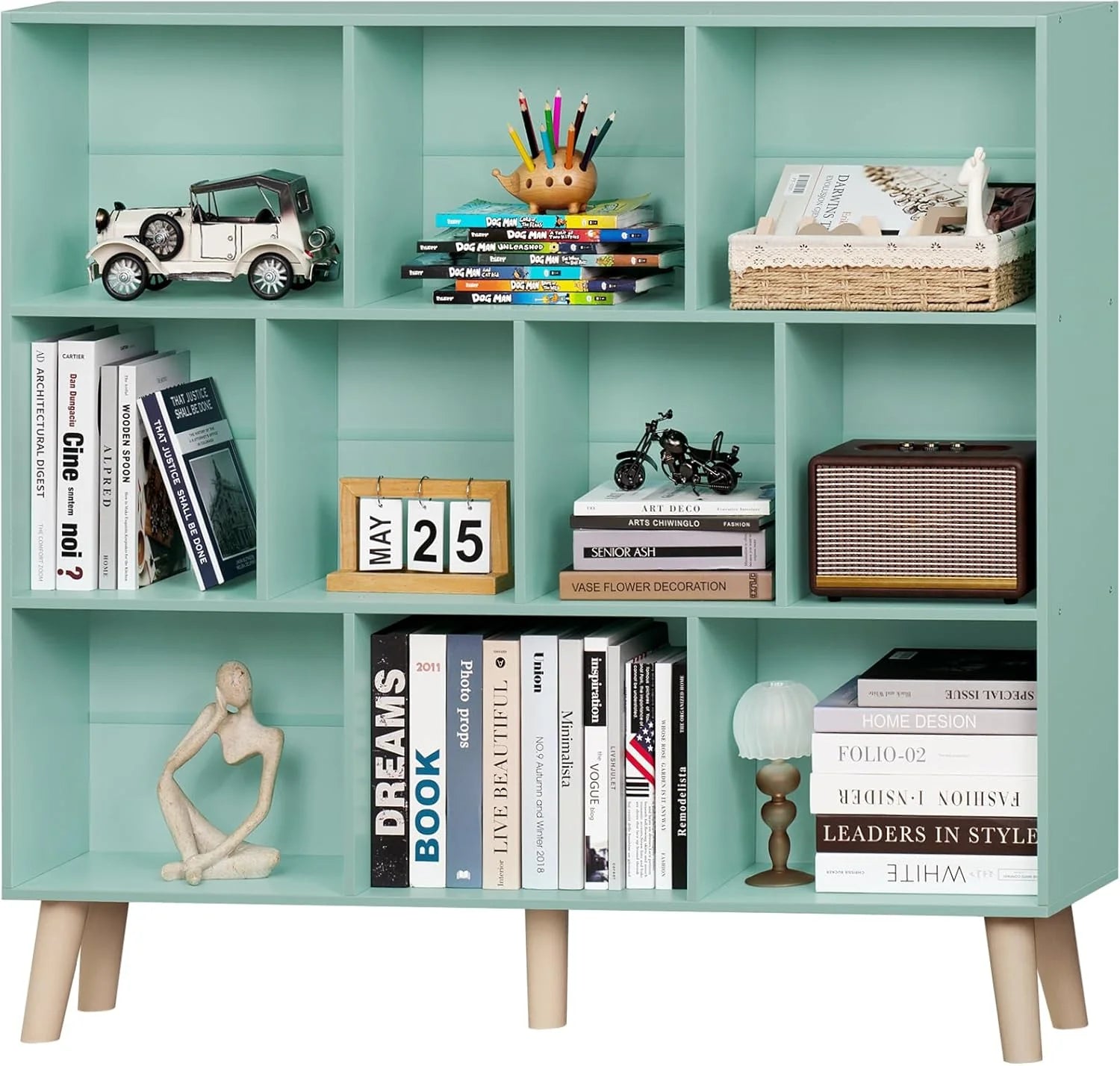 LEYAOYAO Wooden 7 Cube Book Shelf Natural Bookshelf Legs Modern Open Storage Organizer