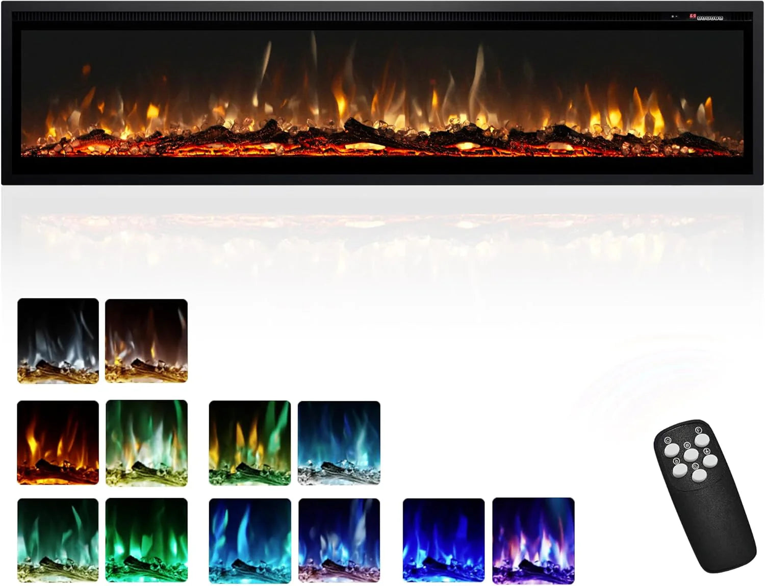 EUHOMY 50 Inch Electric Fireplace Wall Recessed and Wall Mounted with Adjustable Flame Color, Fireplace Heater with Remote Control, Linear Fireplace with Timer, Touch Screen, Log & Crystal, 750/1500W
