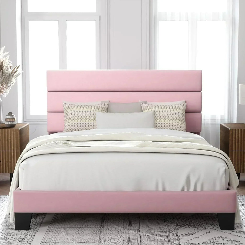 Allewie King size platform bed frame with velvet upholstered headboard and planks
