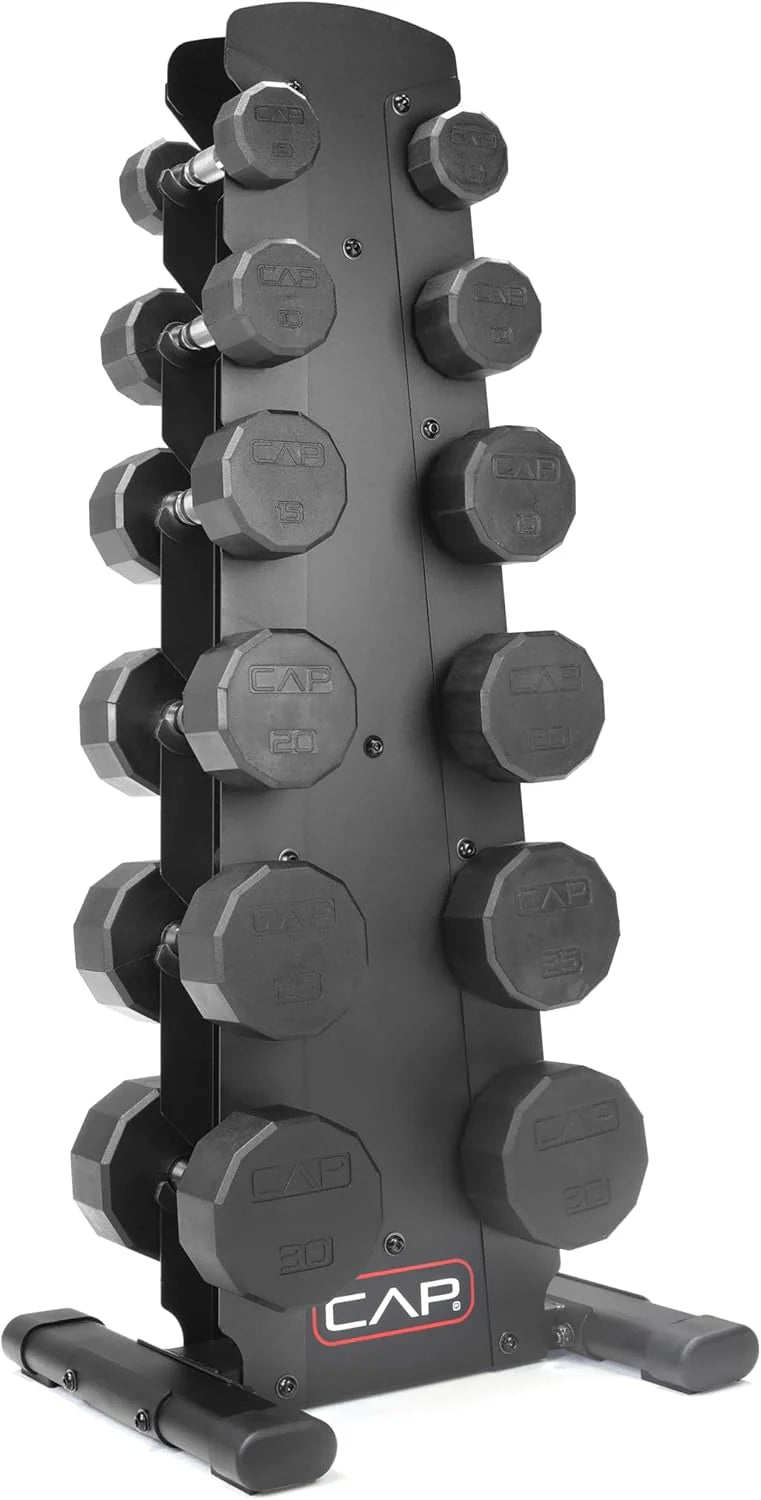 CAP Barbell Rubber Coated Dumbbell Weight Set with Vertical Rack | 100 lb, 150 lb, and 210 lb Options