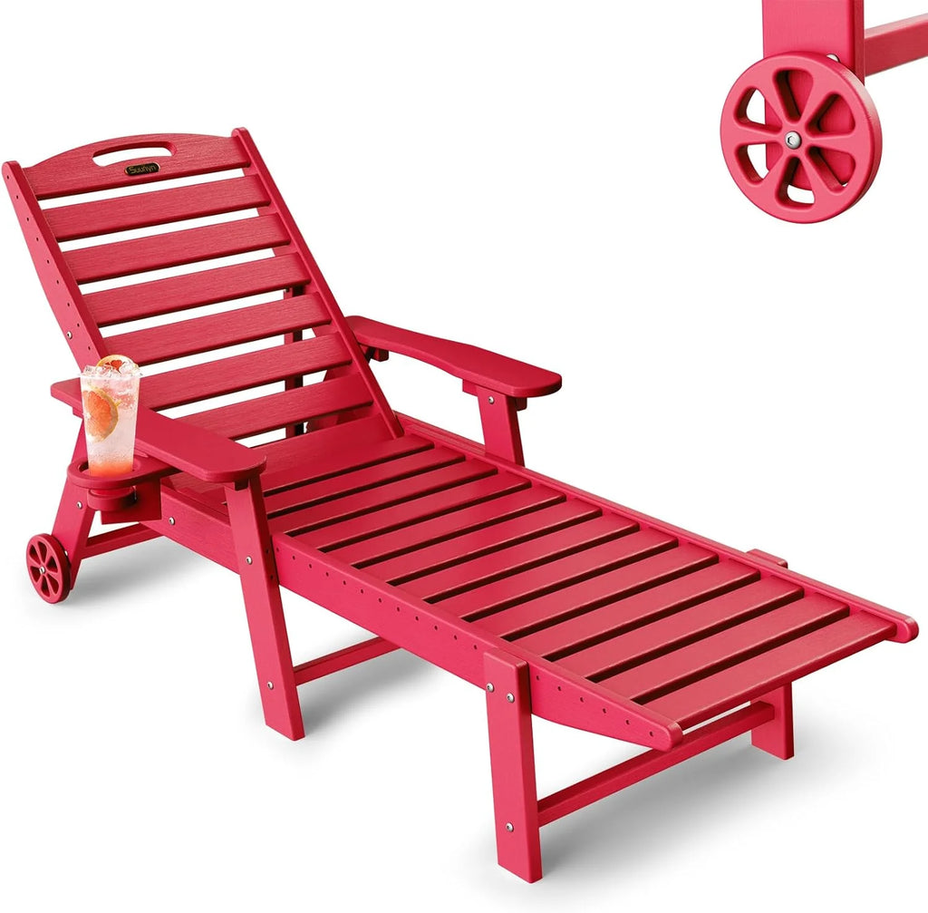 Lounge Chair Outdoor, Chaise Lounge, HDPE 6-Position Outdoor Chaise Lounge, Patio Lounge Chair with Wheels & Cup Holder for Pool Poolside Deck Backyard, Teak