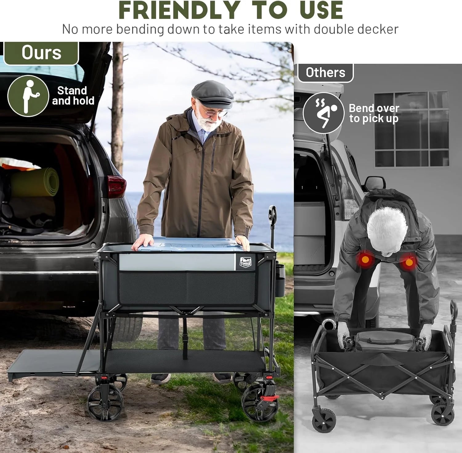 400L Large Capacity Folding Double Decker Cart with Brakes, 54 Inch Extra Long Extended Cart, 450 Pounds Heavy Duty Folding Cart