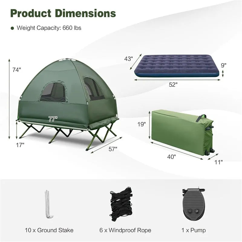 5-in-1 Tent Cot 2-Person Portable Outdoor Camping Tent Combo with Air Mattress Sleeping Bag