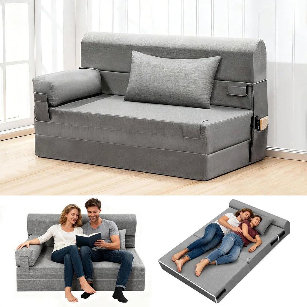 Folding Sofa Bed Convertible Sleeper Chair with Pillow Modern Linen Fabric Comfy Floor