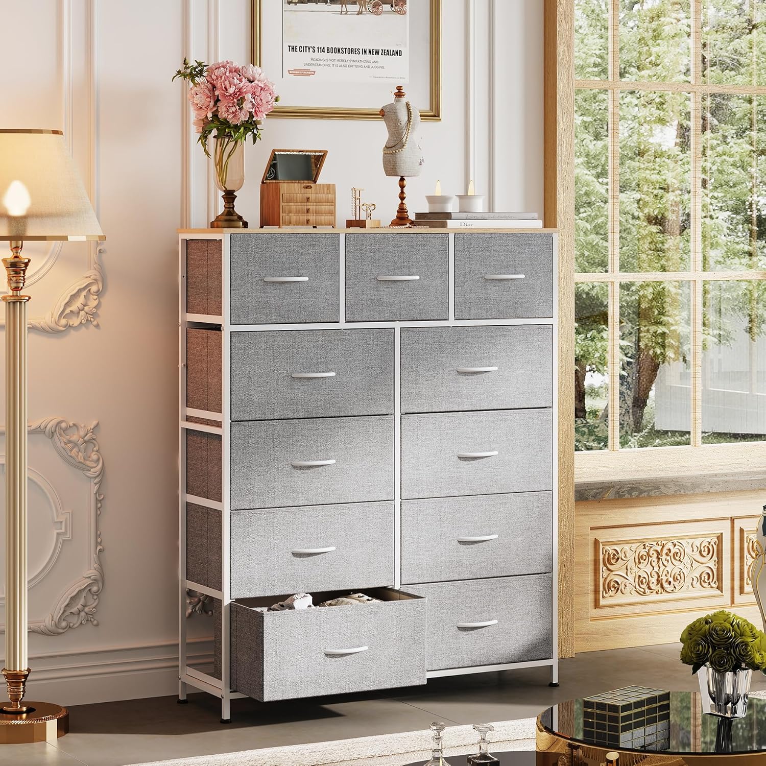 Storage Organizer Unit with 11 Fabric Bins, Storage Drawers Organizer with Steel Frame, Tall Storage Tower Organizaton