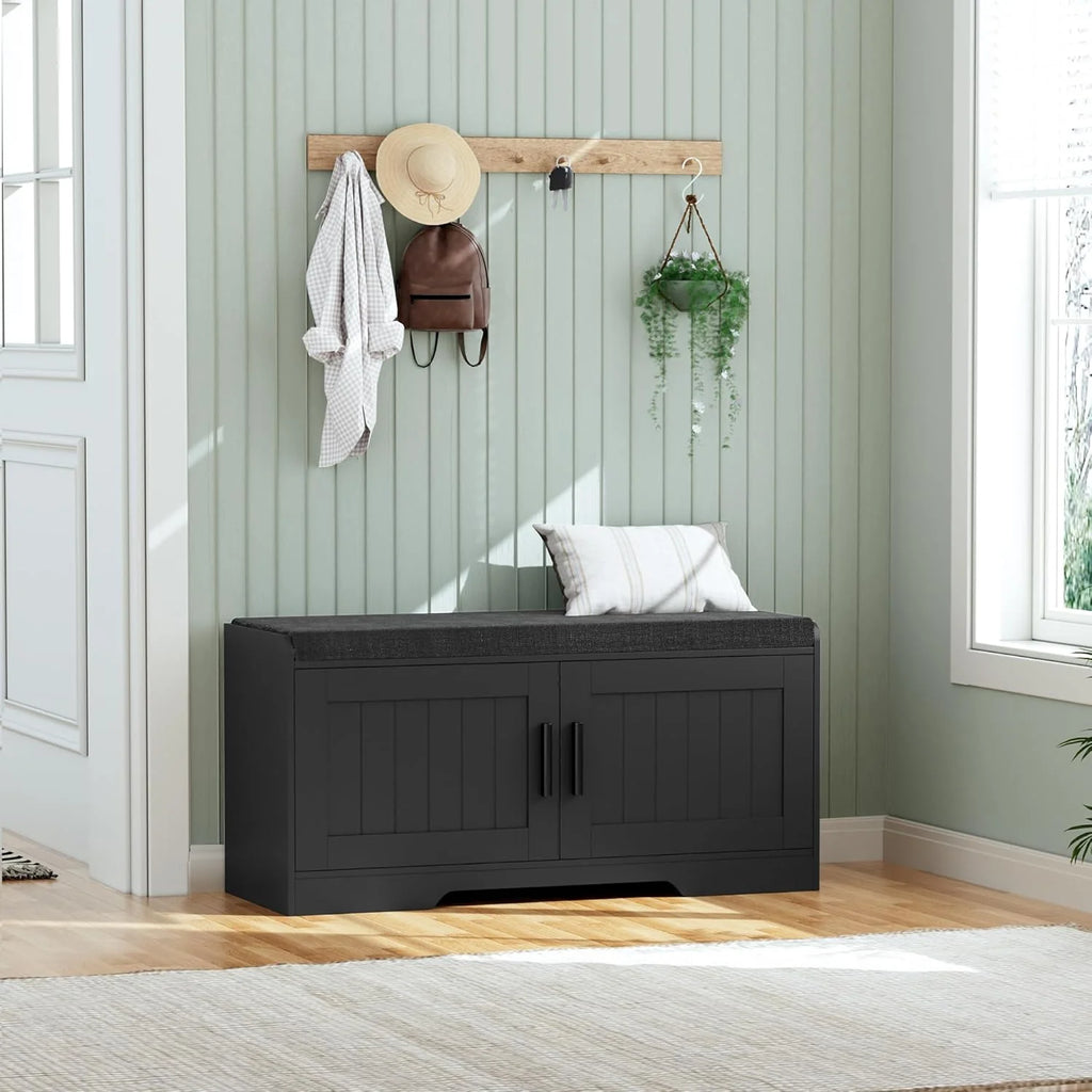 2-Tier Storage Bench, Shoe Bench with Thickened Padded Seat Cushion, Entryway Bench with 4 Doors, Adjustable Shelf