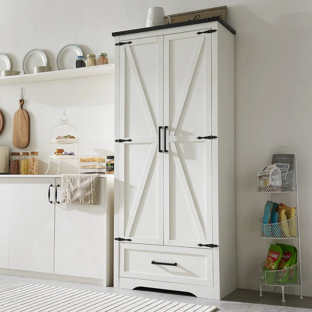 JXQTLINGMU Farmhouse Kitchen Pantry Cabinet - 72 Tall Wood Kitchen Storage Cabinets with Adjustable Shelves & 2 Barn Style Doors & Drawer, Versatile Storage for Dining Room, Bathroom, Antique White