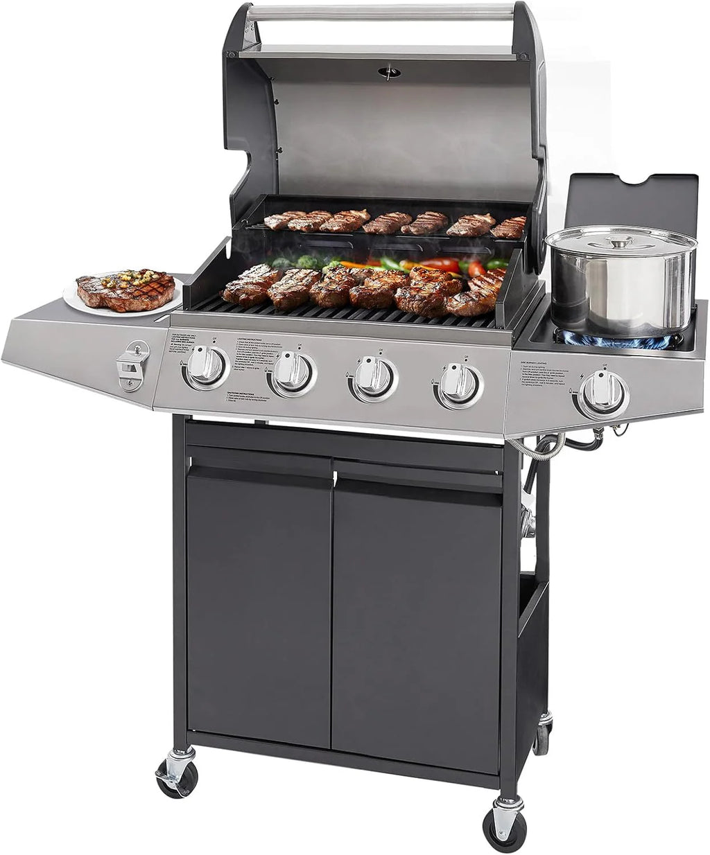 Unovivy 4-Burner Propane Gas Grill with Side Burner, Portable Grill