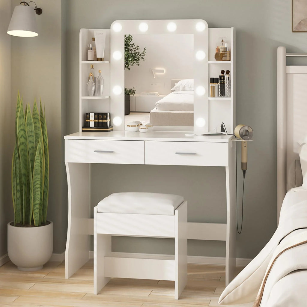 Vabches Vanity Desk with Lights,Makeup Vanity with Power Strip,Dressing Table Set