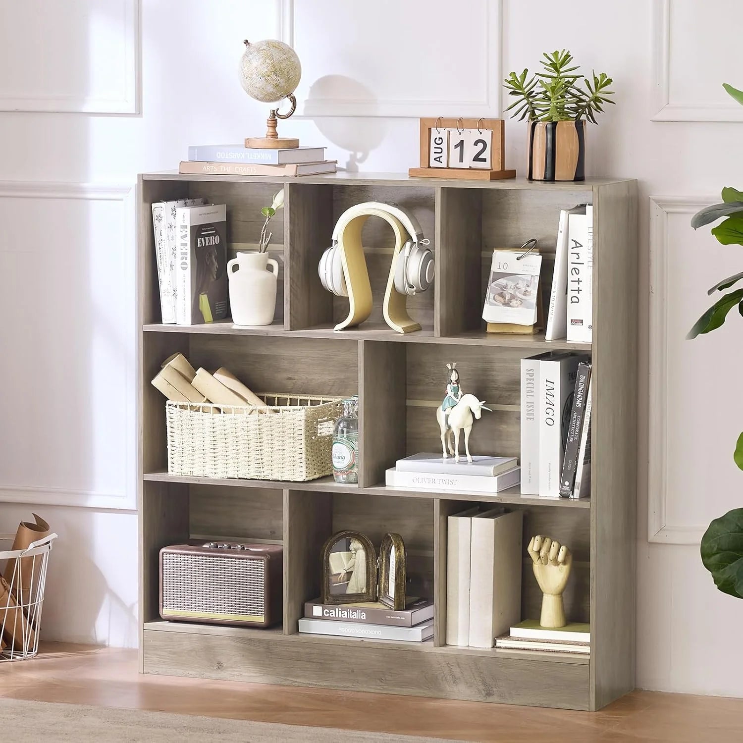LEYAOYAO Wooden 7 Cube Book Shelf Natural Bookshelf Legs Modern Open Storage Organizer