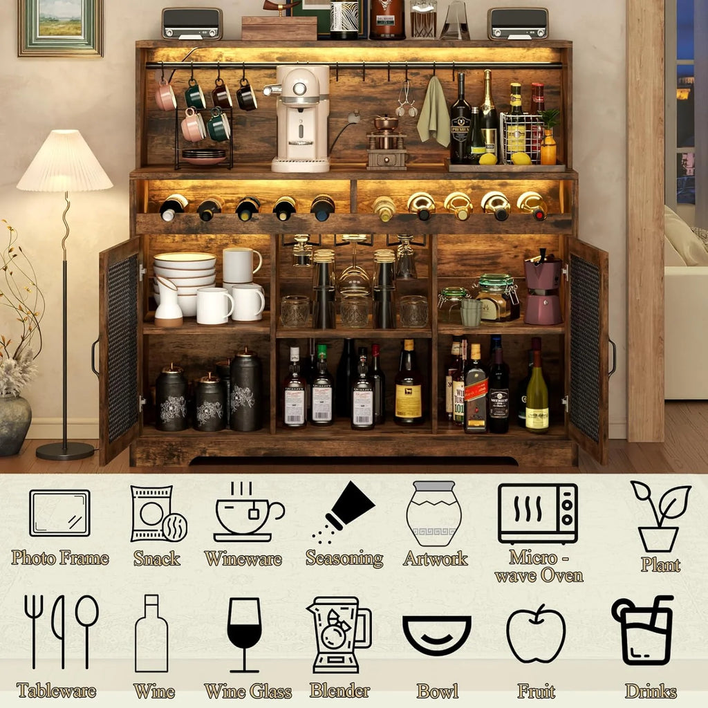 Wine Bar Cabinet with LED Light, Liquor Cabinet with Glass Holder, Coffee Bar for Liquor, Storage Buffet with Wine Racks, Wine Cabinet
