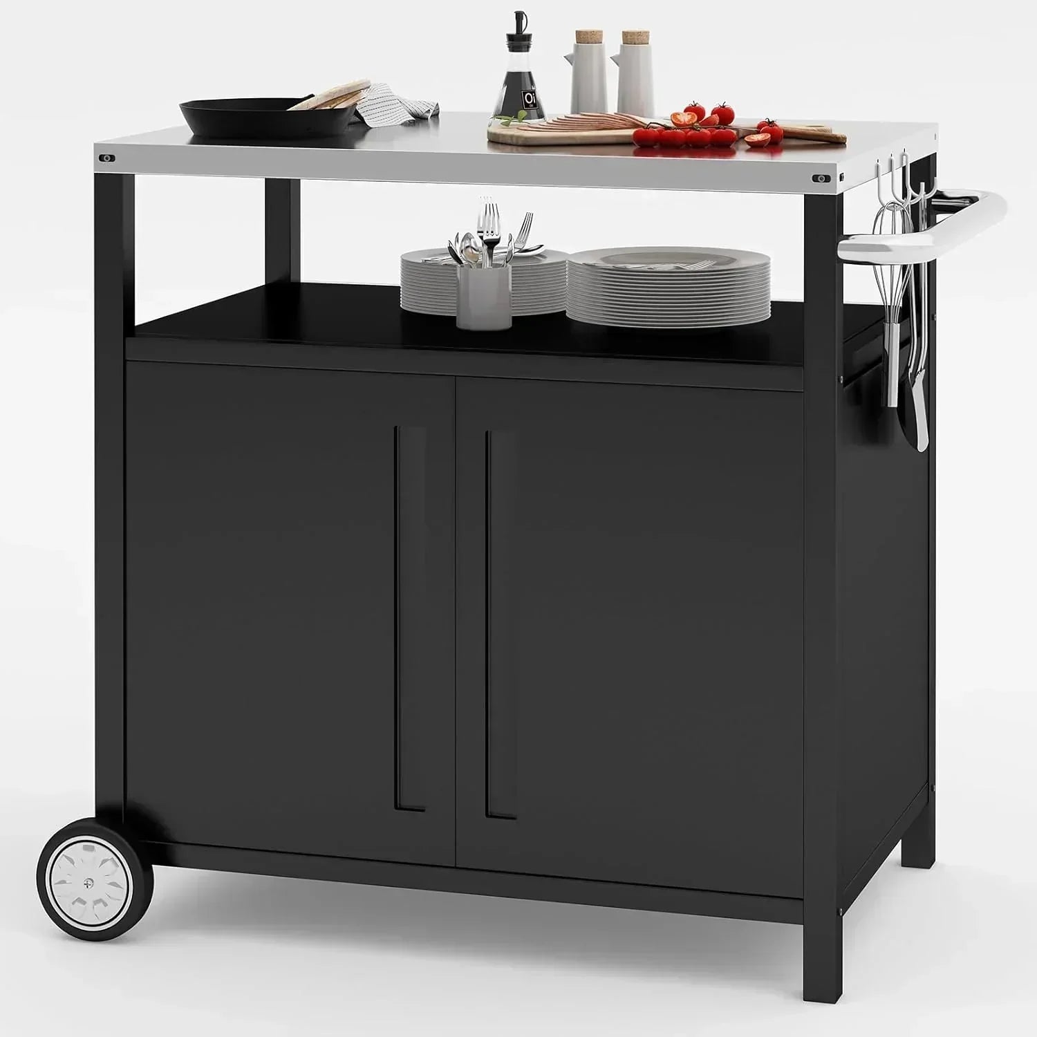 Stainless Steel Outdoor Grill Cart Pizza Oven Stand Trolley Table with Wheels Three-Shelf