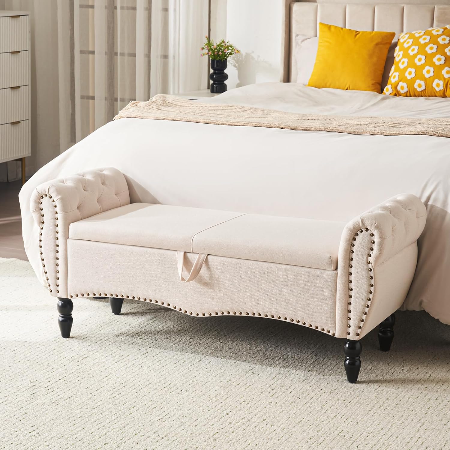 Furniliving Modern Storage Ottoman Bench, Sherpa Ottoman End of Bed Bench with Solid Wood Legs Upholstered Ottoman Benches with Storage Indoor Bench
