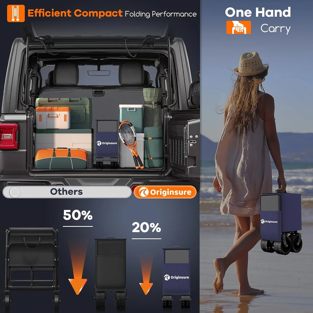 38 long foldable four-wheel stroller, foldable, 460 lb capacity, 220 liter heavy-duty folding beach stroller with large all-terrain tires