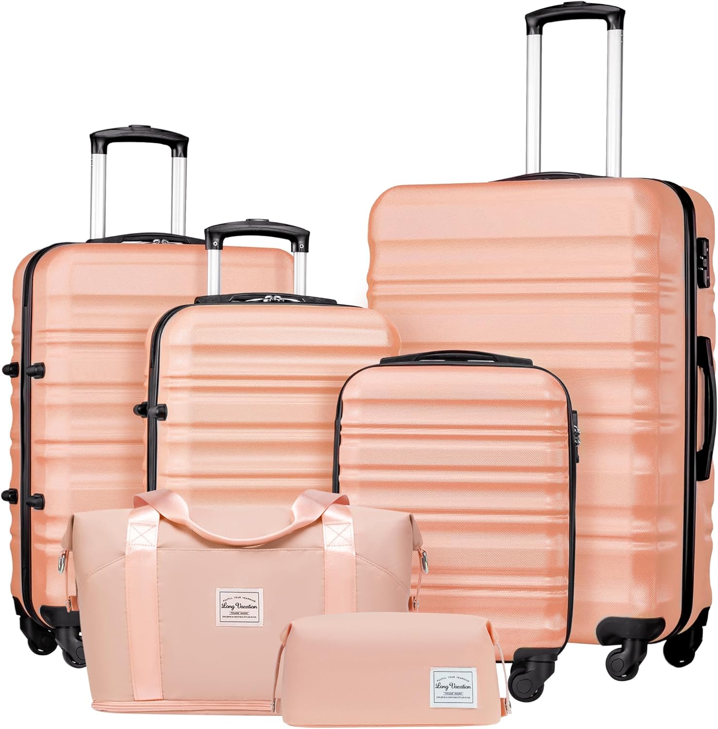 LONG VACATION 6 Piece Luggage Set Carry on Suitcase with ABS+PC hardshell Spinner Wheels