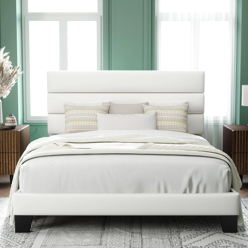 Allewie Queen Size Platform Bed Frame Fabric Upholstered Headboard Wooden Slats Support