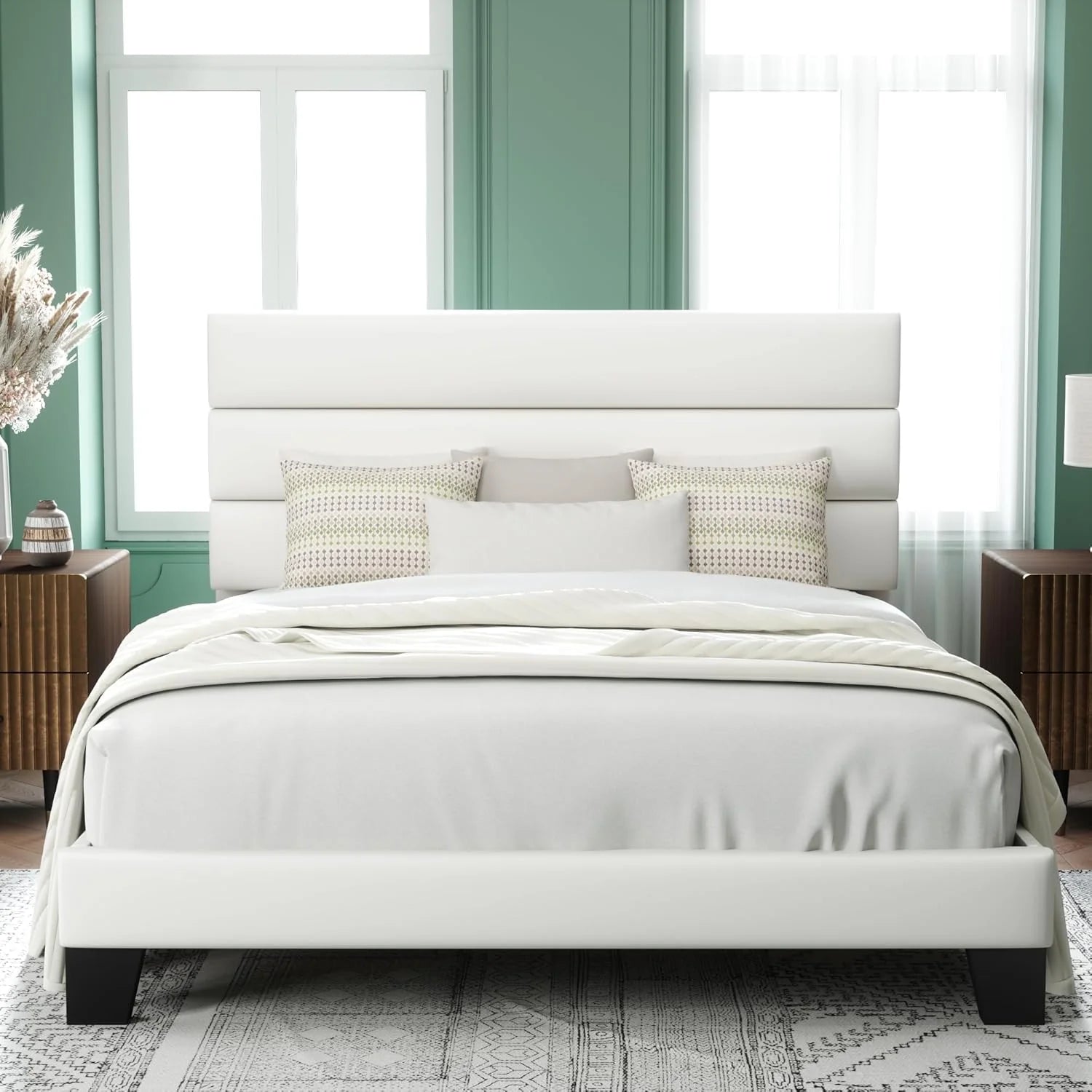 Allewie Queen Size Platform Bed Frame Fabric Upholstered Headboard Wooden Slats Support