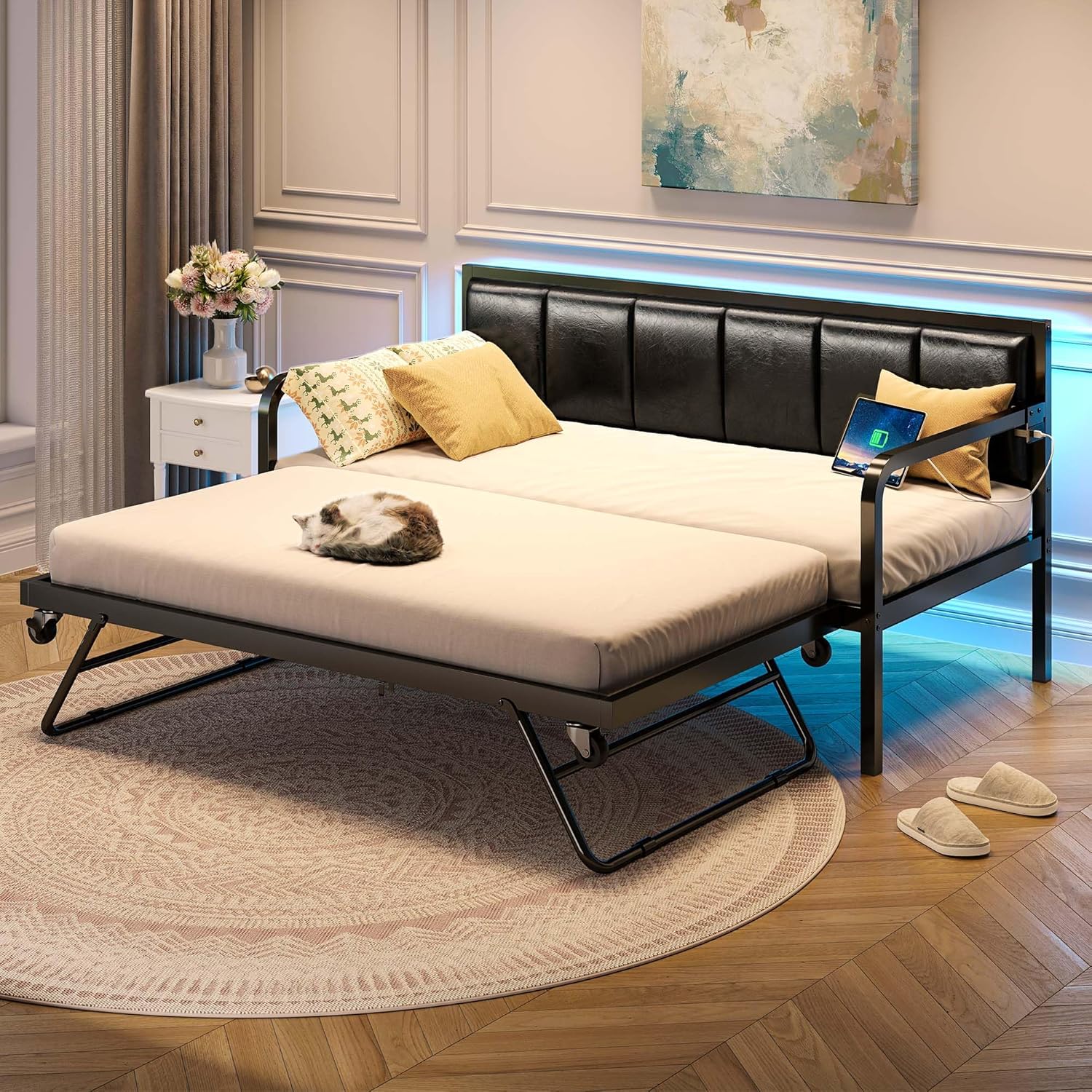 Rolanstar Daybed with Charging Station and LED Lights, Height Adjustable Twin Daybed with Trundle, Metal Sofa Bed Frame with Steel Slat Support