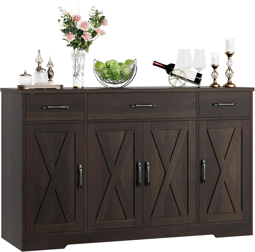 Sideboard with drawers, large 55-inch sideboard, sideboard storage with shelves and doors, modern farmhouse coffee bar wood kitchen dining table