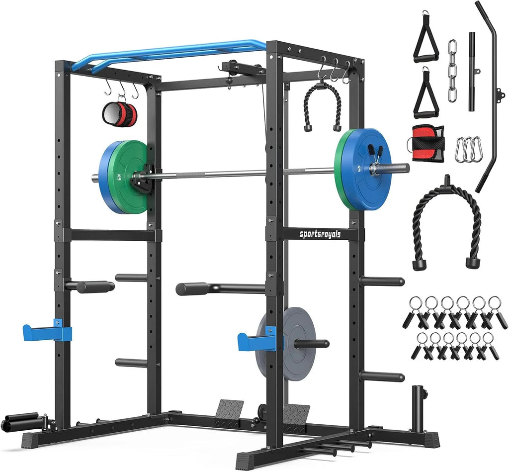 Sportsroyals Squat Rack, LAT Power Cage, Power Rack Multi-Function with Pulley System