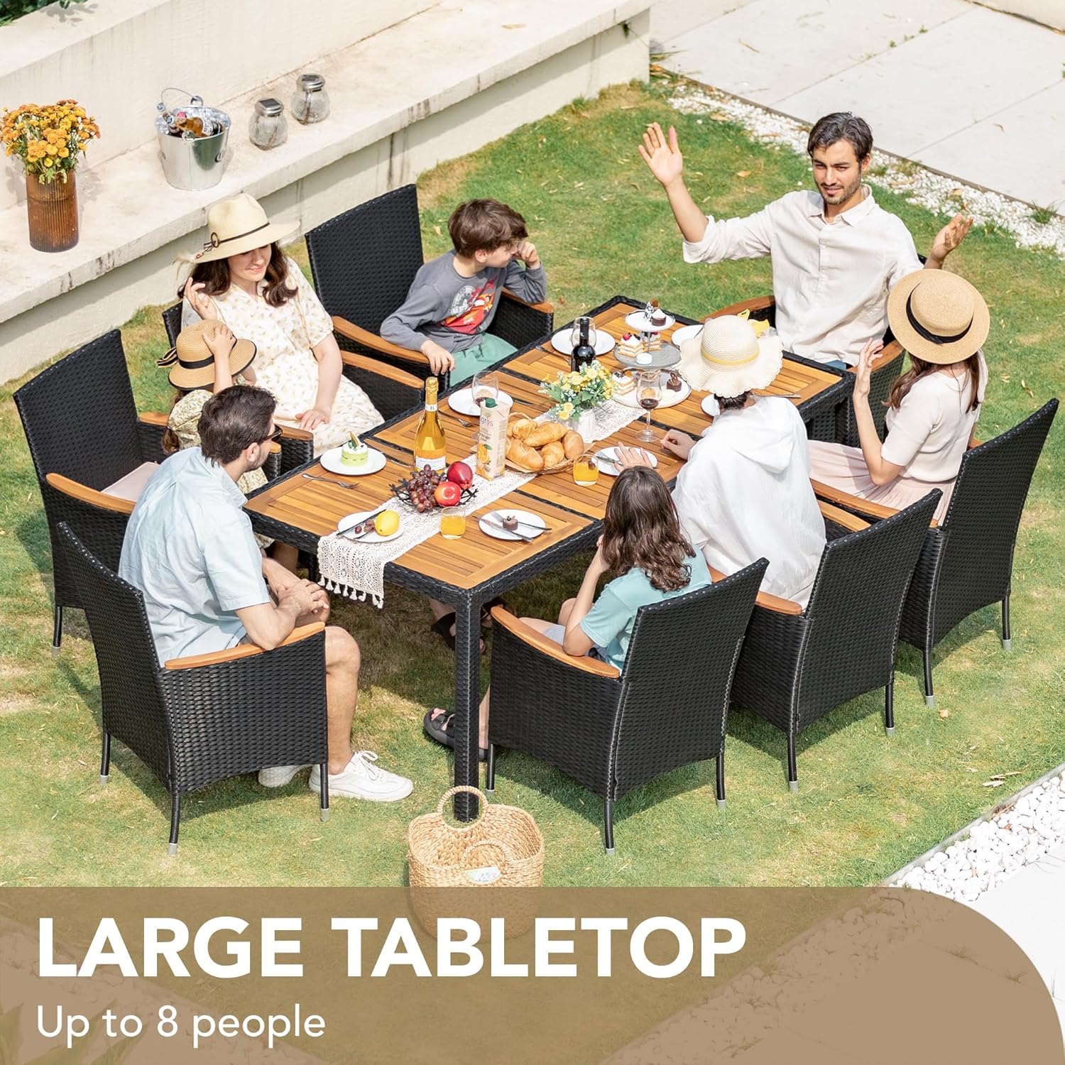 Devoko Dining 7 PCS Furniture, Patio Conversation Set with Acacia Wood Table Top, Rattan Outdoor, Black
