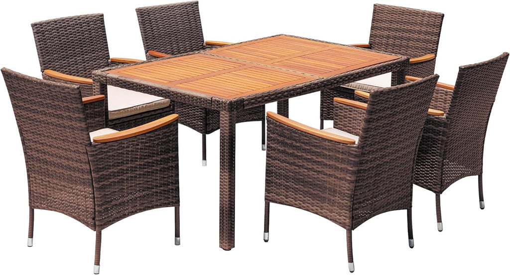 Devoko Dining 7 PCS Furniture Patio Conversation Set with Acacia Wood Table Top Rattan Outdoor