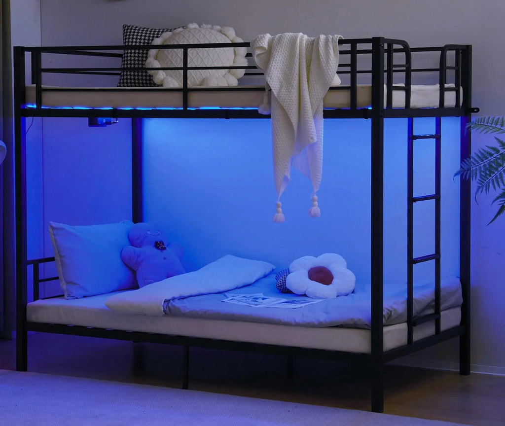 VINGLI Metal Bunk Bed Frame Twin Over Twin with LED Lights Non-Slip Ladder Full Length Guardrail
