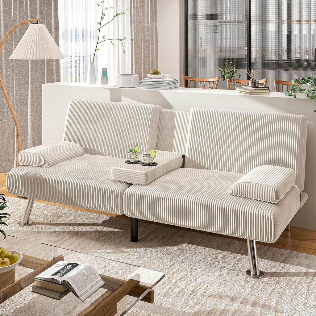 Shahoo Modern Linen Upholstered Convertible Folding Futon Sofa Bed with Removable Armrests