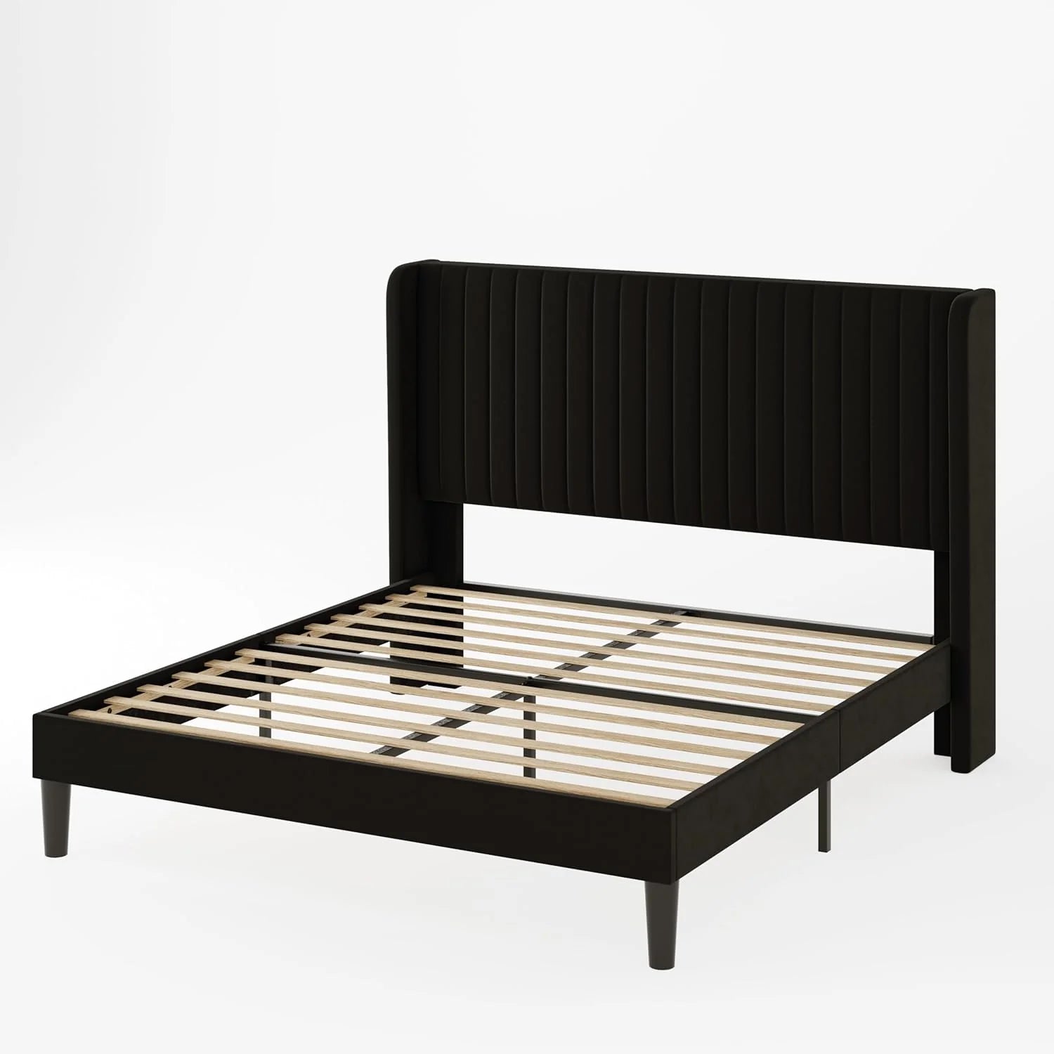 Allewie Full Size Velvet Bed Frame Vertical Channel Tufted Wingback Headboard Upholstered Bed