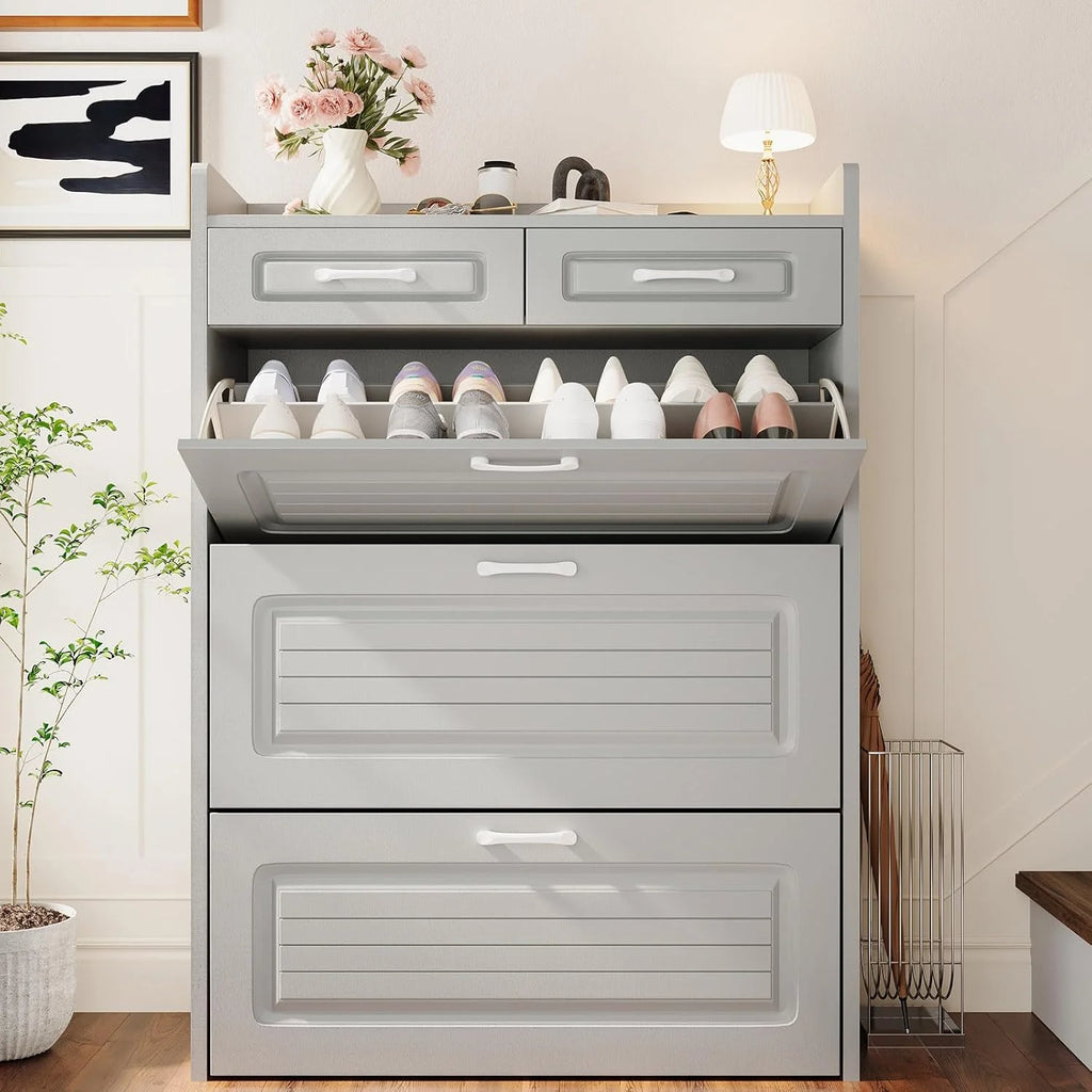 Shoe Cabinet with 3 Large Flip Drawers & 2 Storage Drawers, Narrow Shoe Organizer Cabinet Fits