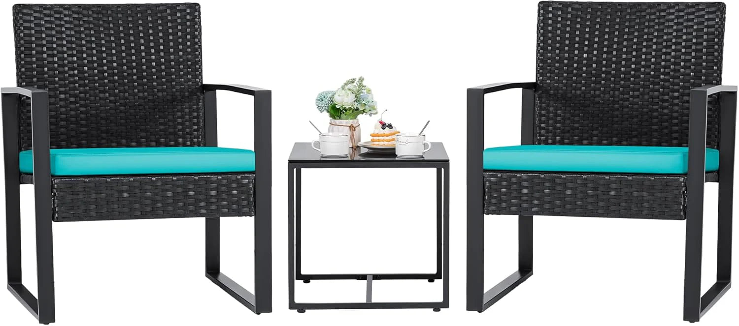 Flamaker 3 Pieces Patio Set Outdoor Wicker Furniture Sets Modern Rattan Chair Conversation Sets with Coffee Table for Yard and Bistro (Black)