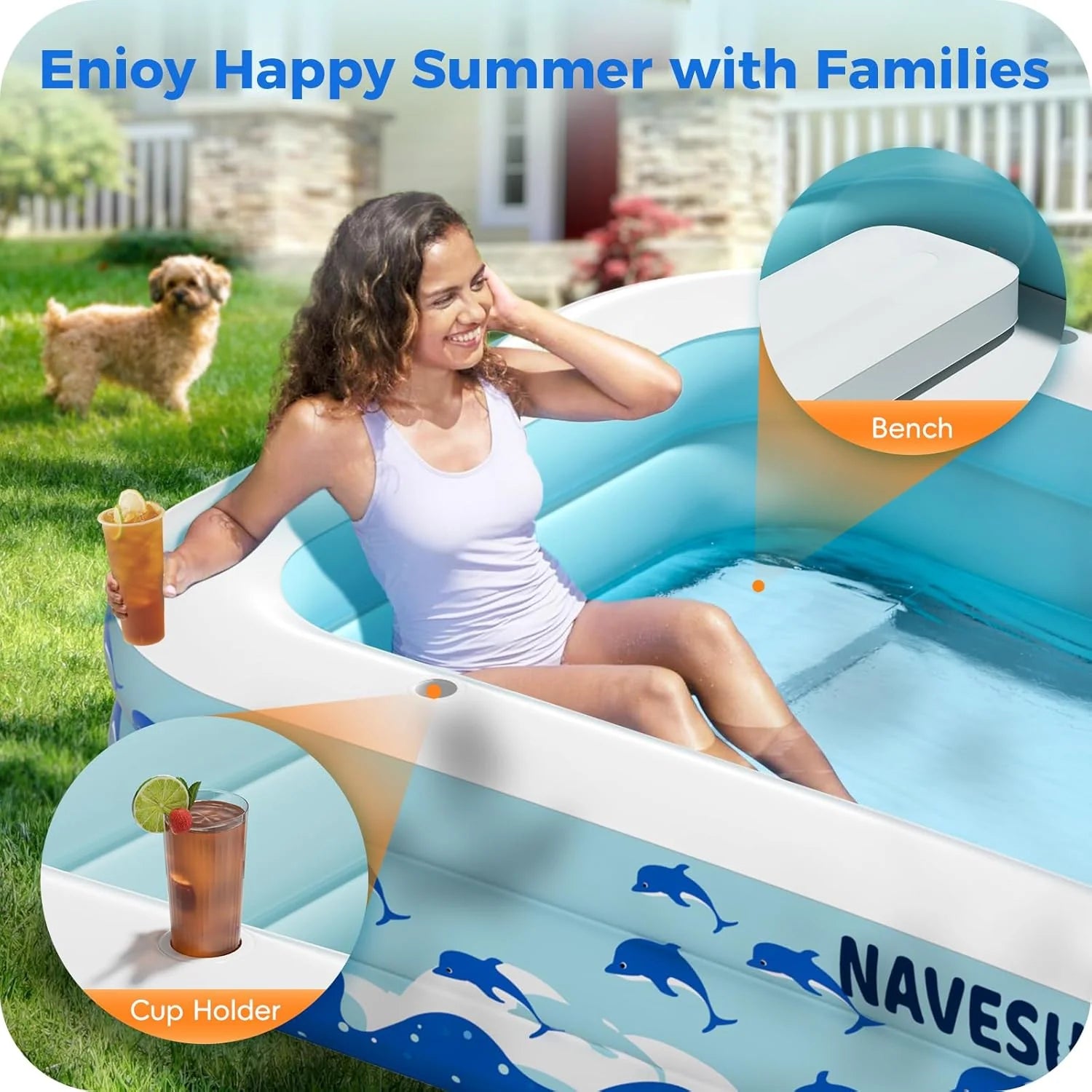 Inflatable Swimming Pool with Seats, 130 x 72 x 22 Full-Sized Durable PVC Thickened Above Ground Family Blow Up Pool for Outdoor Summer Water Party Backyard Garden Lawn
