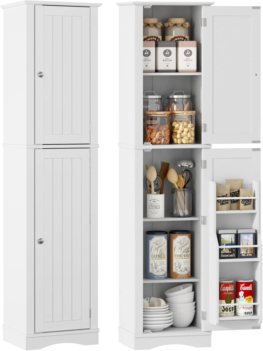 Tall Pantry Cabinet, Freestanding Storage Cabinet, Wooden Kitchen Pantry with 4 Doors and 5 Shelves, 72 Floor Cabinet Organizer