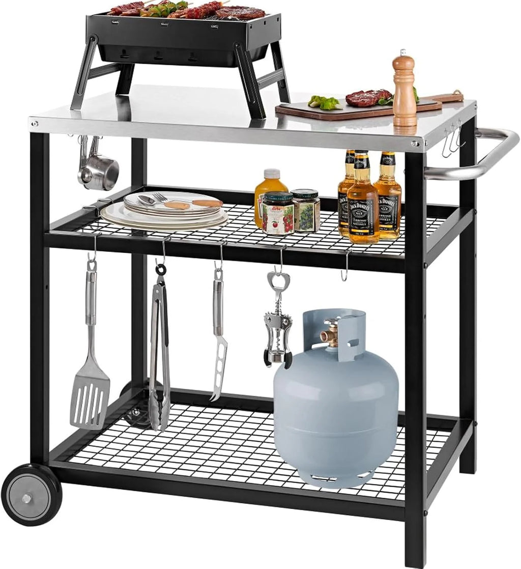 Stainless Steel Outdoor Grill Cart Pizza Oven Stand Trolley Table with Wheels Three-Shelf Movable Food Prep and Work Table Heavy Duty Grill Carts Outdoor Cart 31.5×24×35.5