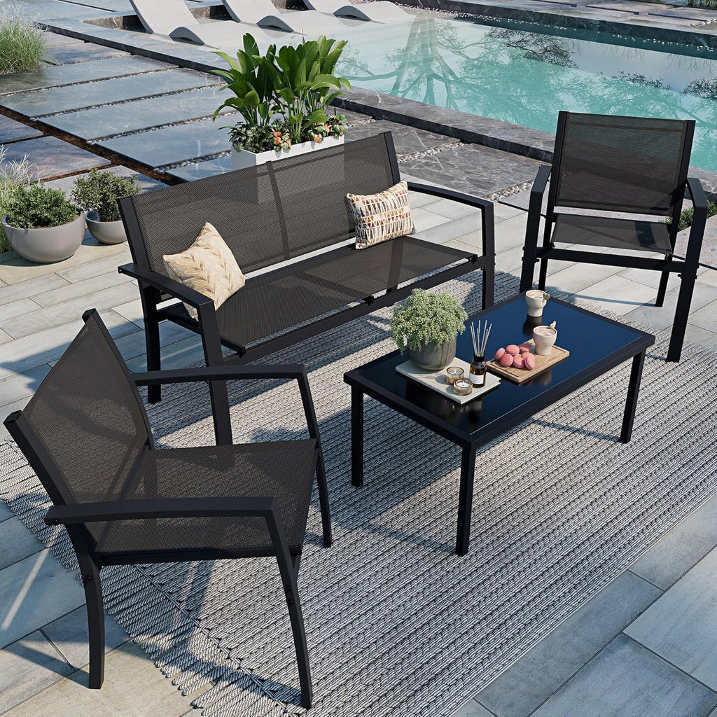 Shintenchi 4 Pieces Patio Furniture Set All Weather Textile Fabric Outdoor Conversation Set, with Glass Coffee Table, Loveseat, 2 Single Chairs for Home, Garden, Lawn