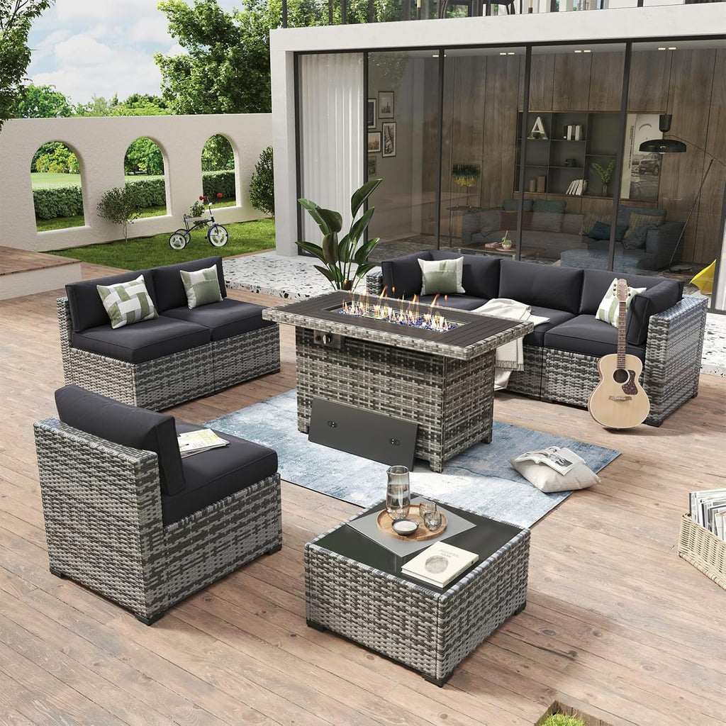 Aoxun 8 Piece Patio Furniture Set with 44?Fire Pit Table Wicker Rattan Outdoor Sectional Sofa Set with Coffee Table and Thickened Cushions, Beige (Waterproof Cover Included)