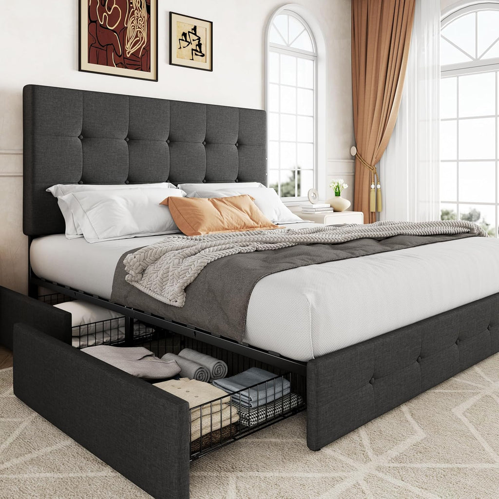 Allewie Upholstered Queen Size Platform Bed Frame with 4 Storage Drawers and Headboard