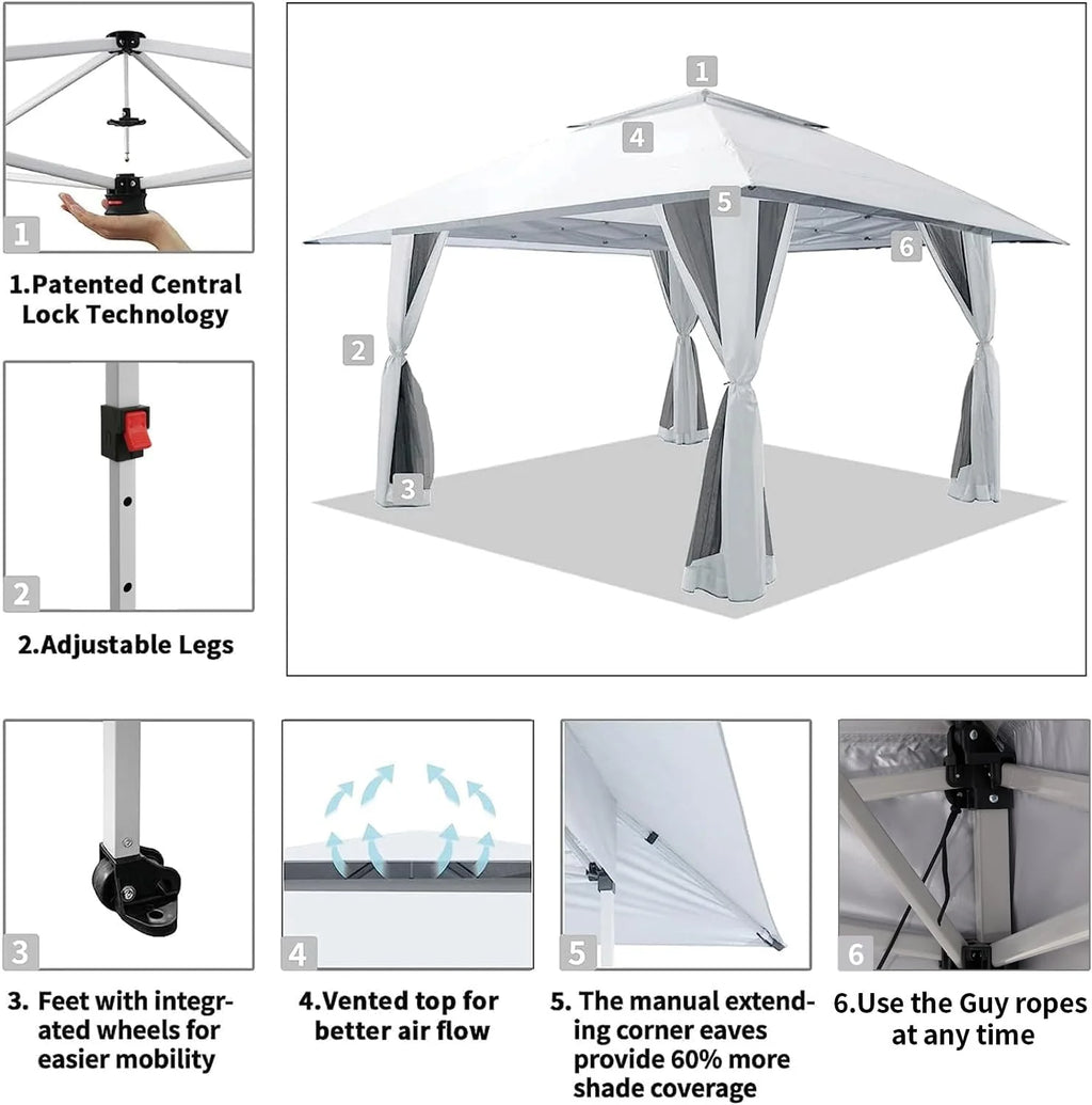 CROWN SHADES 13x13 Pop Up Gazebo, Canopy Tent, Gazebos on Clearance - Outdoor Gazebo for Backyard & Patio Furniture - Carpa Pop Up Tent with Wheeled STO-N-Go Cover Bag (White)