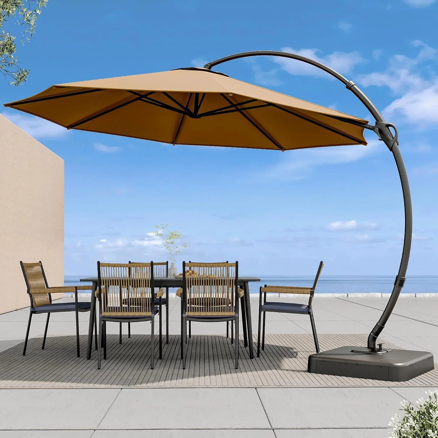 LAUSAINT HOME Outdoor Patio Umbrella with Base included, 11 FT Deluxe Curvy Cantilever Umbrella Heavy Duty Offset Hanging Umbrella with 360° Rotation for Market, Pool, Garden, Backyard, Deck (Beige)