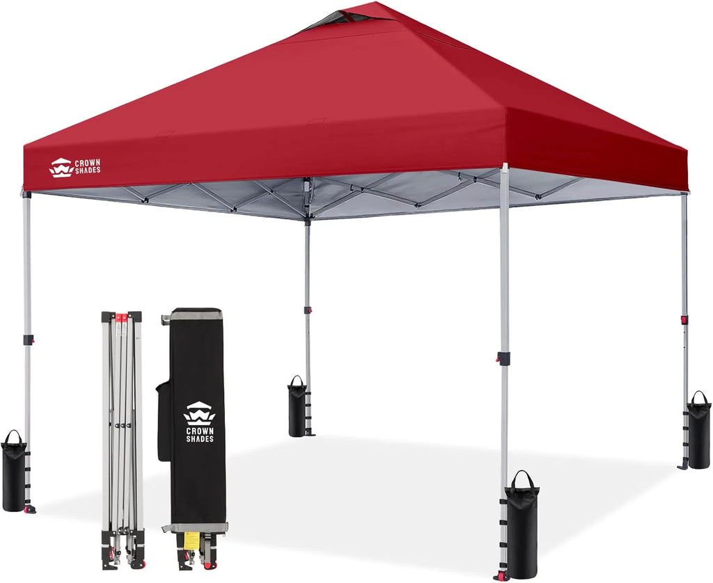 Crown Shades 10x10 Pop Up Canopy - Beach Tent with One Push Setup - Outdoor Sun Shade for Events, Parties, Camping - Gazebo with STO-N-Go Cover Bag, Silver Coated Top, 3 Height& 4 Sand Bags, Yellow