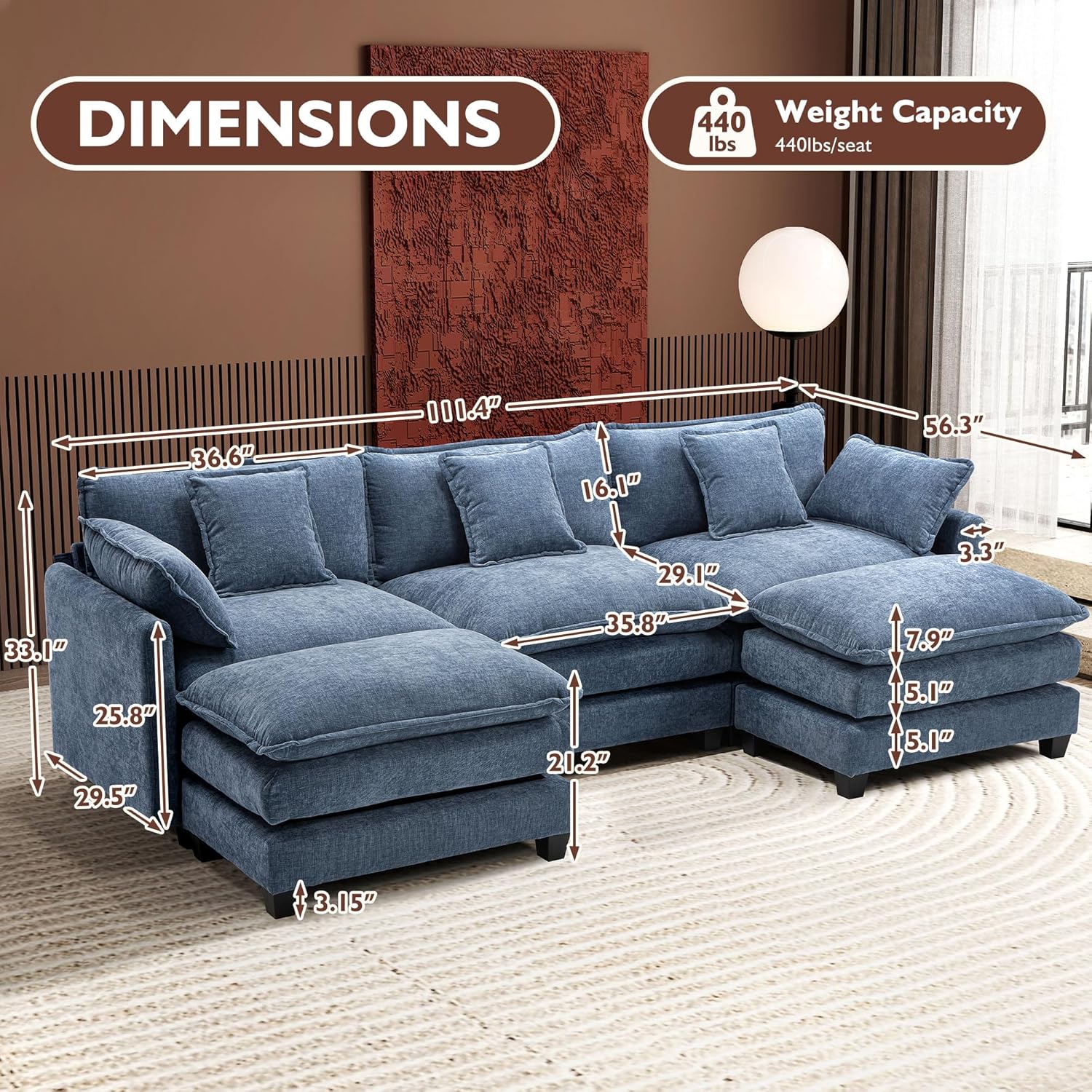 ihanherry 146-inch U-shaped modern sofa modular area cloud sofa