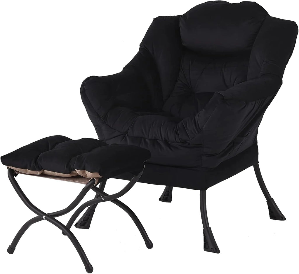 Welnow Lazy Chair with Ottoman, Modern Accent Chair with Armrests and a Side Pocket, Leisure Sofa Armchair, Reading Armchair with Footrest for Small Space, Dark Grey