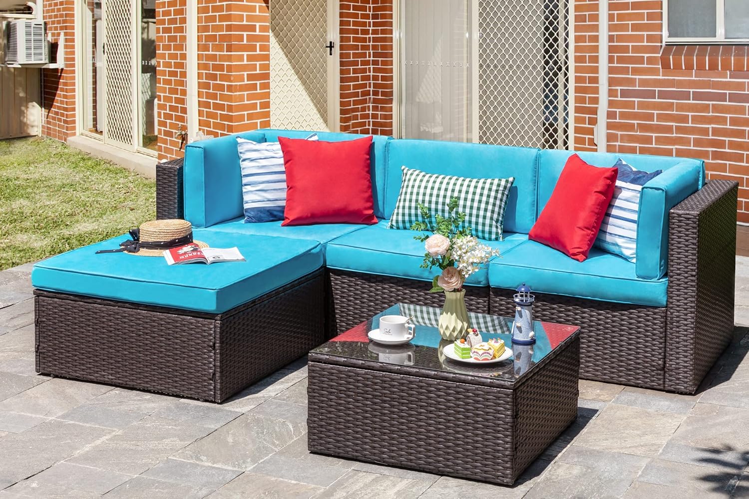 Vongrasig 5 Piece Patio Furniture Sets, Outdoor Patio Set Sectional Sofa, All-Weather PE Rattan Outdoor Couch with Ottoman, Glass Table for Garden, Backyard, Porch, Beige