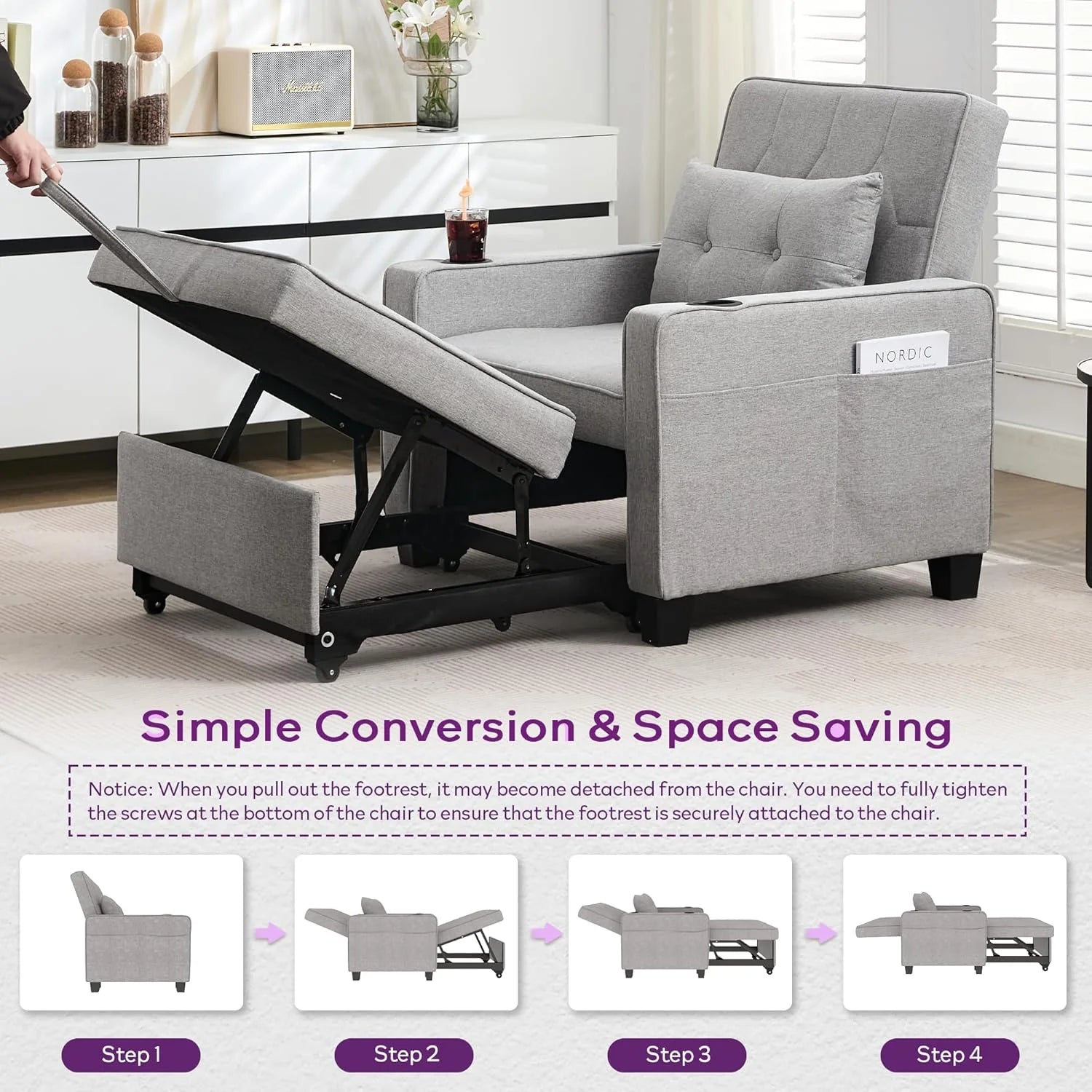 Adult Convertible Sleeper Chair Bed, 3-in-1 Pull-Out Sofa Bed with USB/Type-C Ports, Cup Holders, Side Pockets, Single Sofa