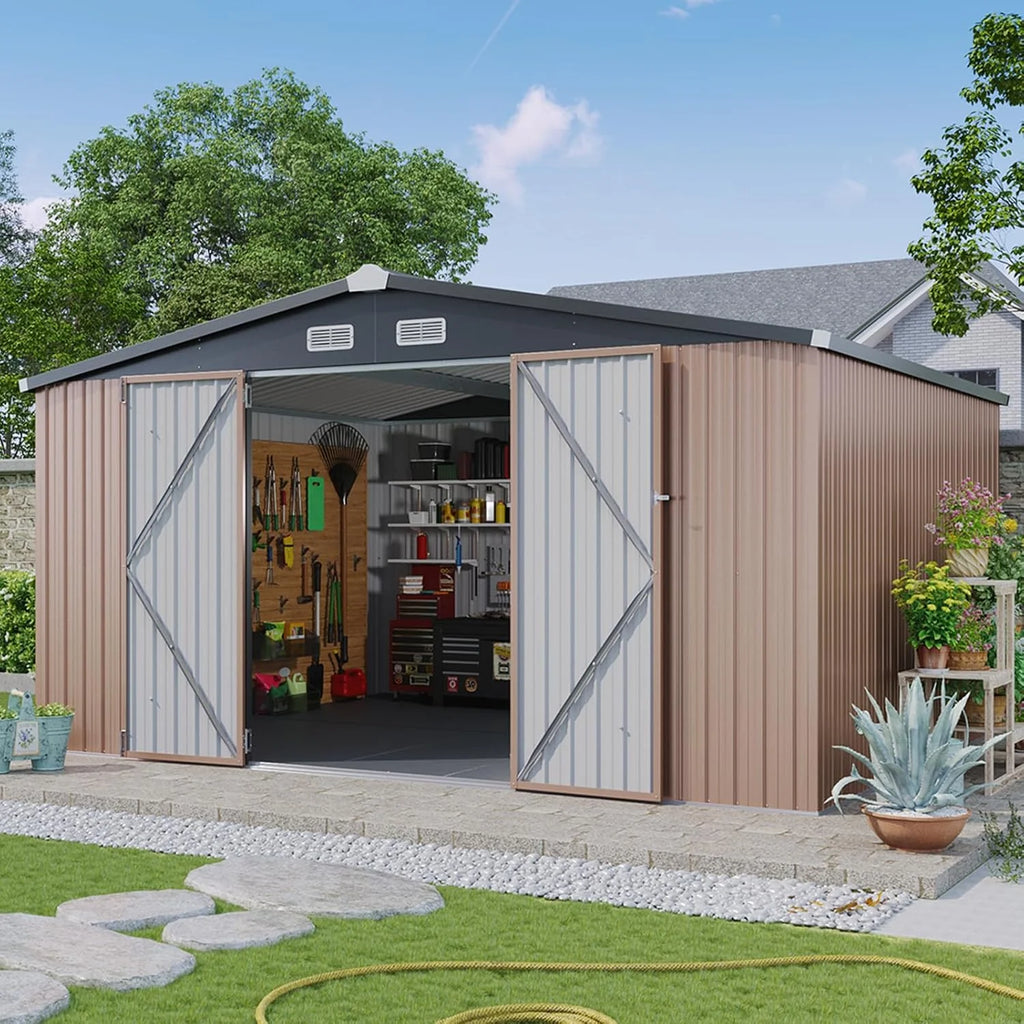 Aoxun 12x10 FT Shed Metal Outdoor Waterproof Storage Shed Steel Utility Garden Tool Shed with Door & Lock Outdoor Storage for Garden Patio Lawn Poolside, Brown