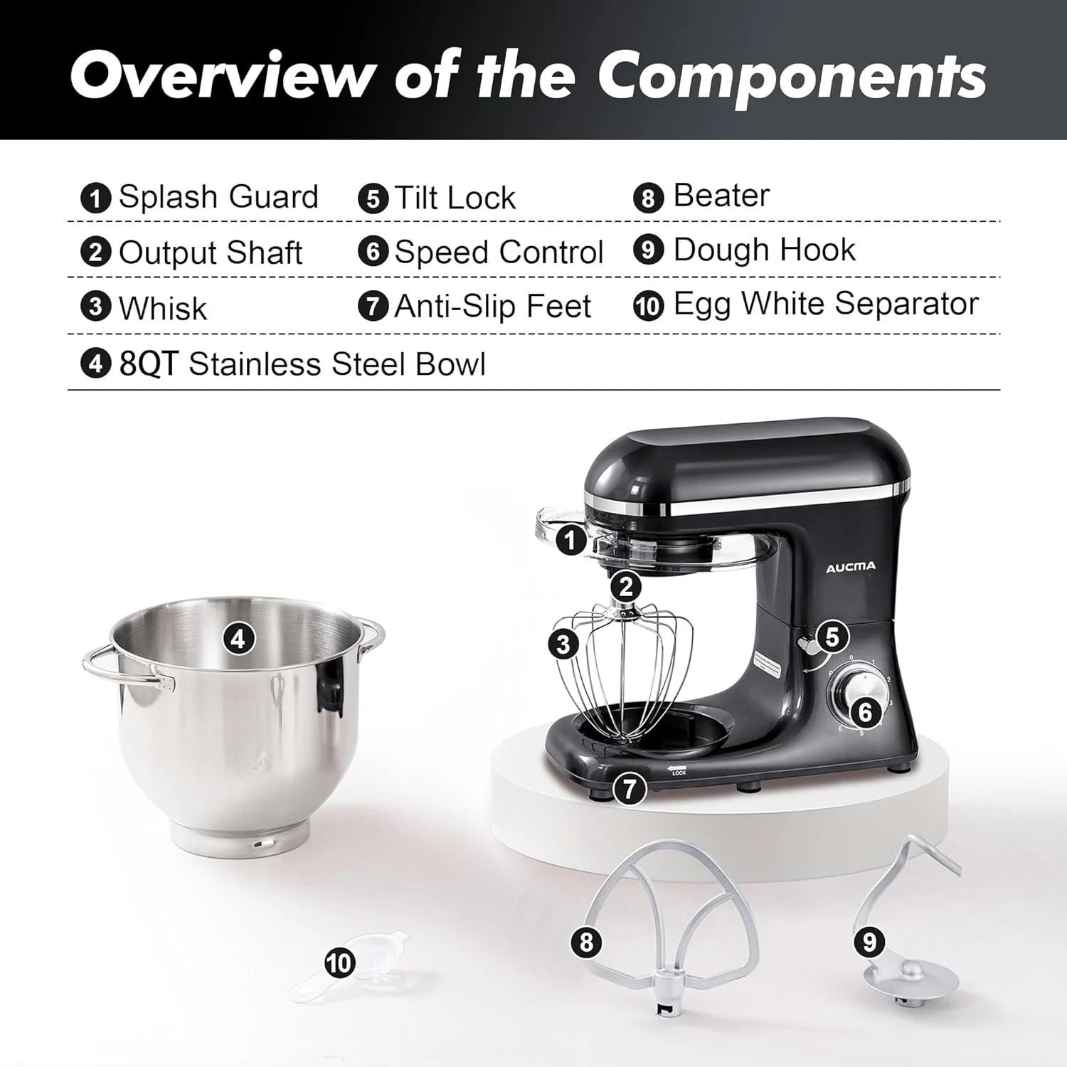 Aucma Stand Mixer,6.5-QT 660W 6-Speed Tilt-Head Food Mixer, Kitchen Electric Mixer with Dough Hook